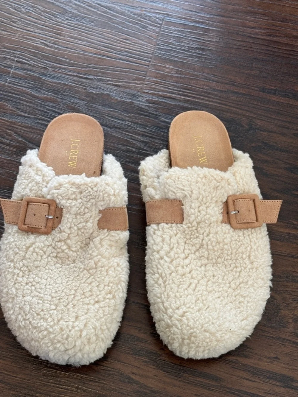J. Crew Cream Shearling Clog Slippers with Tan Suede Strap